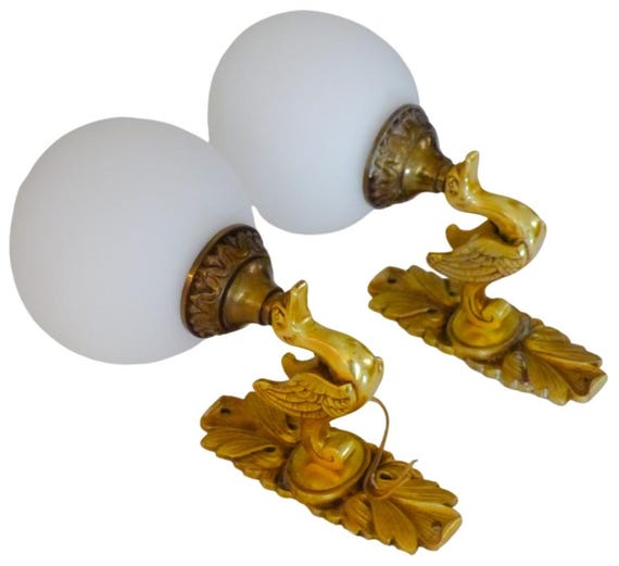 Antique pair of French Empire wall lights, opaline shades, swan bronze, 1920s, Petitot