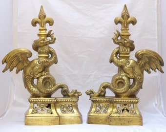 Omg gothic antique bronze pair andirons 1880 fire dogs fireplace chimera griffin
