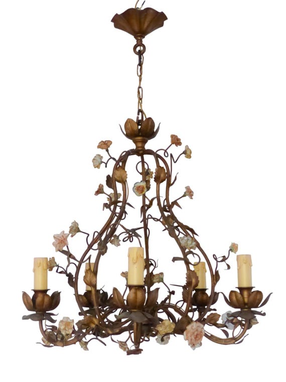 Vintage French Style Gilt Cage Chandelier, Porcelain Flowers, 6-Light 1970s, Cottage Grandmillennial Lighting, Romantic Decor D. 20"