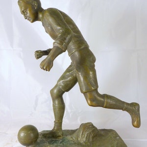 高さ14インチ ヴィンテージ彫刻 スペルター サイン入り フジェレ ブロンズ 緑青 1930年 サッカー スポーツ