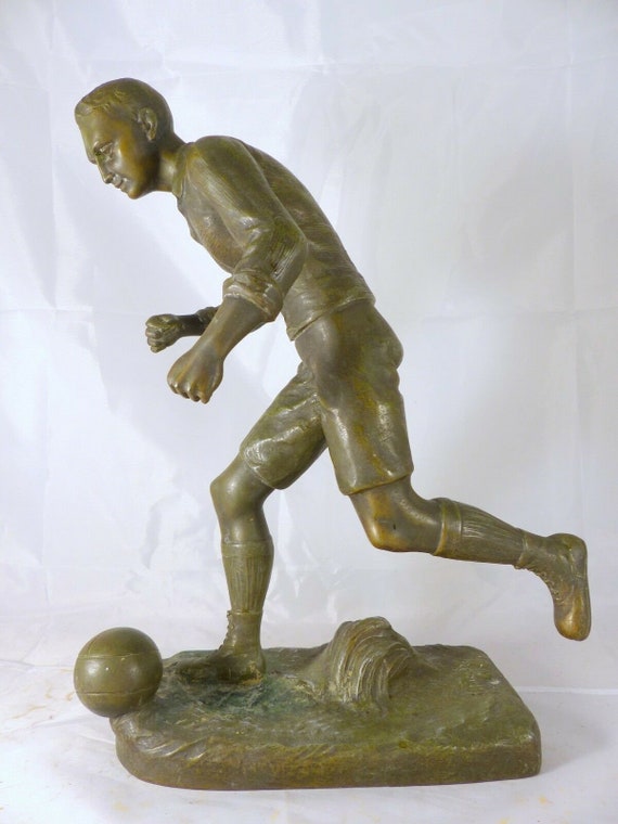 14"tall vintage sculpture spelter signed fugere bronze patina 1930 soccer sport