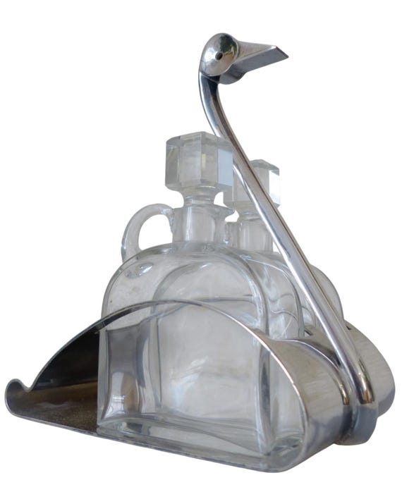 Christofle swan oil vinegar cruet set fjerdingstad art deco silverplate baccarat