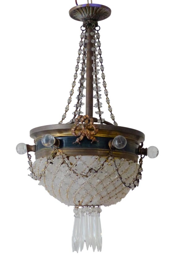 Empire style brass & crystal basket pendant chandelier 26cm rare crystal balls