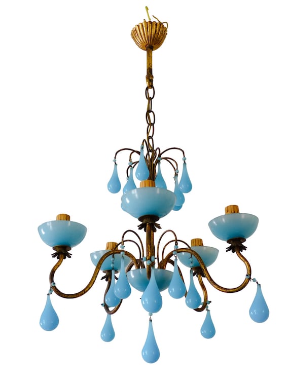 Antique 1930s Murano Candlestick Aqua Blue Opaline Beaded Drops 5-Light Rare