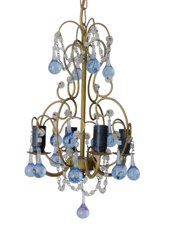 Vintage chandelier deep blue drops glass prisms beads italian gilded 1950