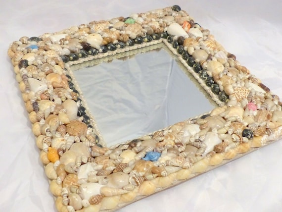 Rare antique French c1920 shell art seashell encrusted 12" square mirror