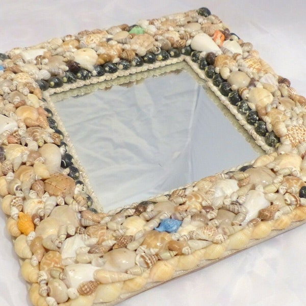 Rare antique french c1920 shell art seashell encrusted 12" square mirror