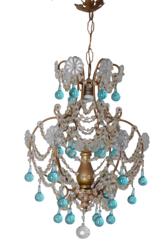 Vintage Italian Beaded Chandelier, Turquoise Glass Drops, Macaroni Beads, Gilt Metal & Giltwood, 1-Light Romantic Coastal Lighting 21.7"H