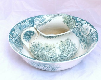 Antique french floral ceramic toilet set pitcher & basin bowl sarreguemines 1900
