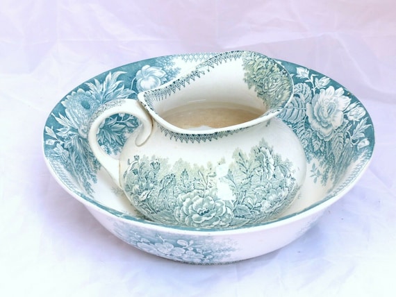 Antique French floral ceramic toilet set, pitcher & basin bowl, Sarreguemines, 1900