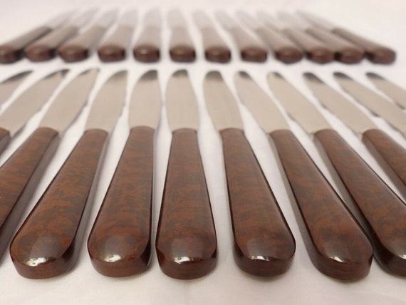 Vintage French knife set, table and dessert style, Art Deco, 1930s, Bakelite handles, 24 pieces