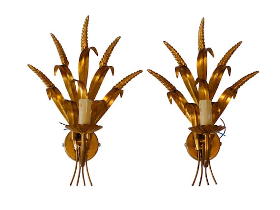 Pair of French gilt metal ear of wheat sconces inspired by Coco Chanel, wired