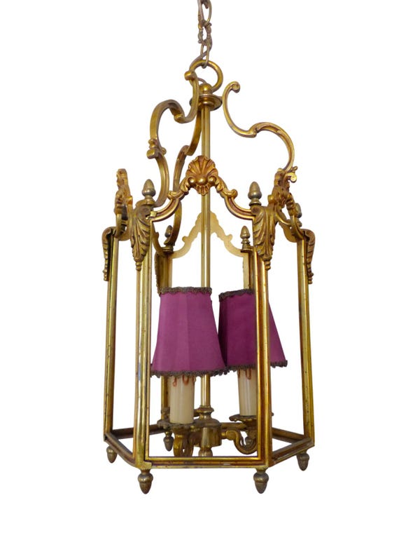 Vintage French Bronze Lantern, Louis XV Rococo Style, 6-Sided Frame, 3-Light Pendant with Shades, 1950s-60s, Sold Without Glass 21.7"H
