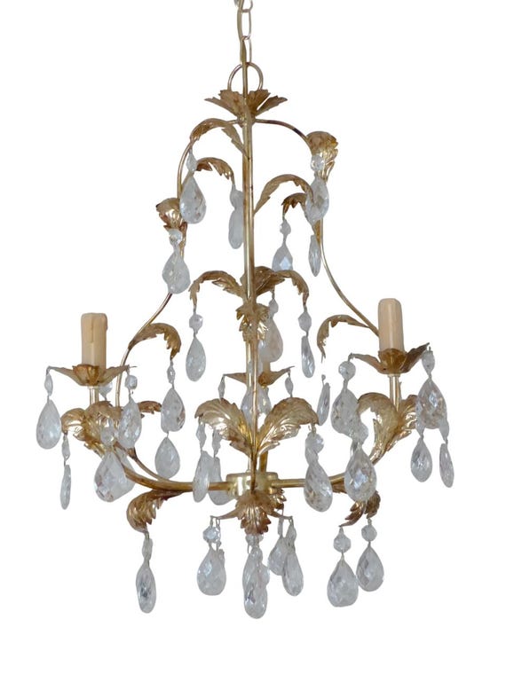 Charming vintage Italian candlestick 1980 gilded toleware clear prisms foliage
