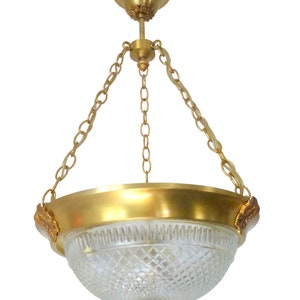 Vintage French 3 light gilt brass bronze chandelier ceiling diamond tip crystal