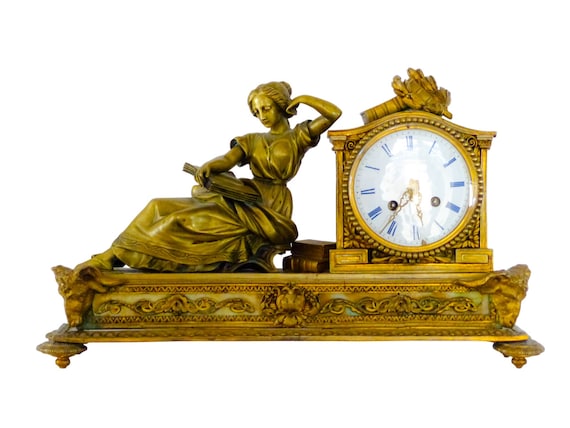 Gorgeous antique french bronze clock late 19th paris movement woman study ram
