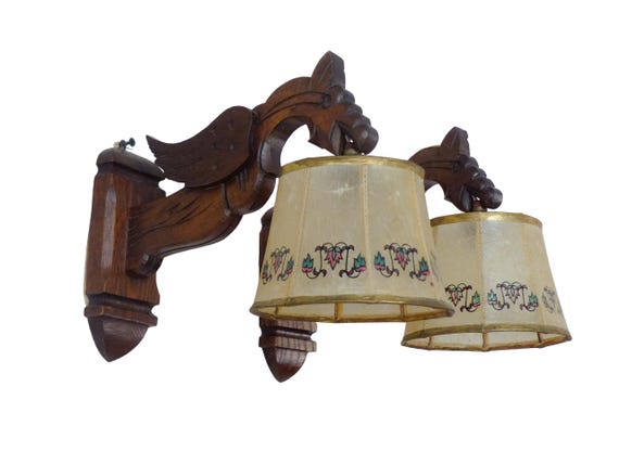 Vintage French pair carved wood gothic chimera wall light sconce gargoye shades