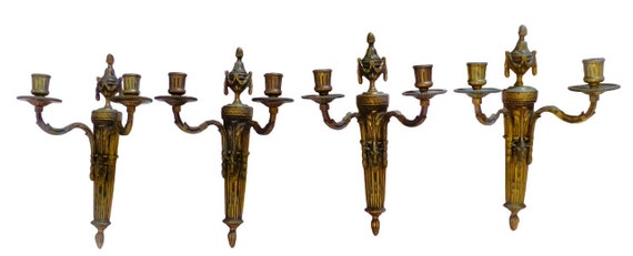 Gorgeous set 4x antique gilded bronze wall light sconce 1920 ram theme louis xvi