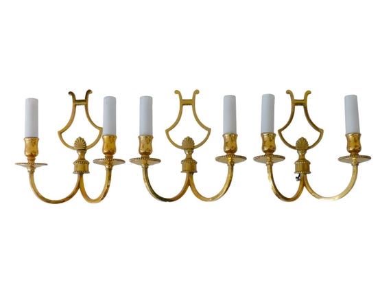 Gorgeous set 3x vintage brass wall light sconce 1950 louis xv shell rare