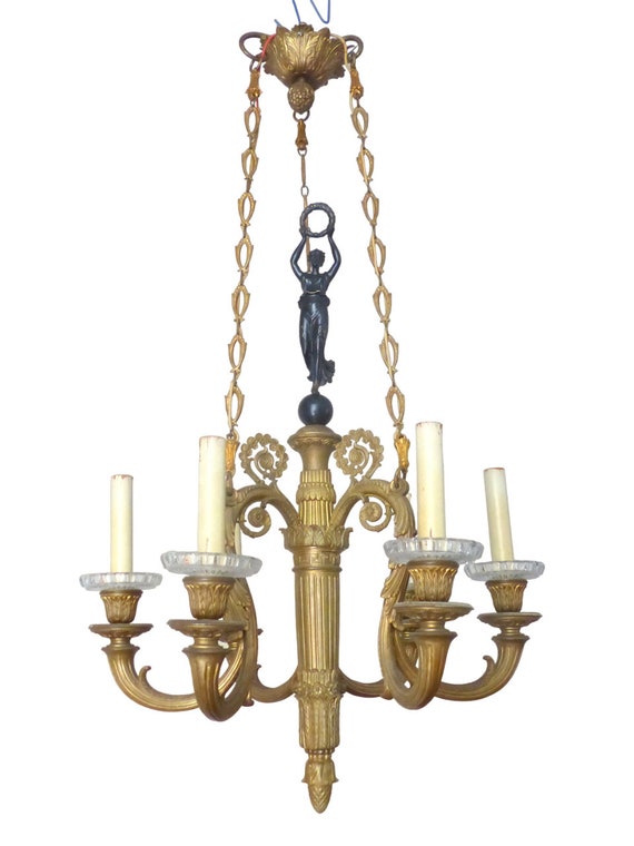 19th century antique French 6-arm ormolu bronze chandelier with crystal ceiling light.