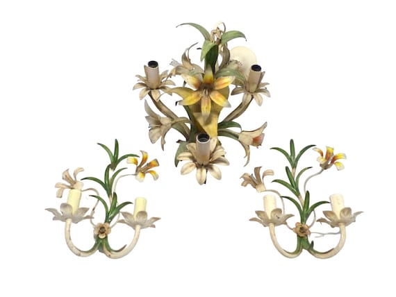 Charming Florentine Chandelier Set with Pair of Wall Lights Tole Flowers Italian Ceiling
