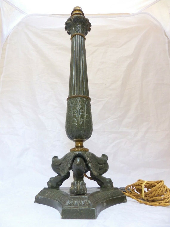18" large antique French painted spelter lamp, Empire style, circa 1900, lion tripod