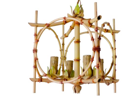 Vintage Faux Bamboo Candlestick, Painted Metal Cage Light, 4-Light Chinoiserie Style, Palm Beach Tropical Decor