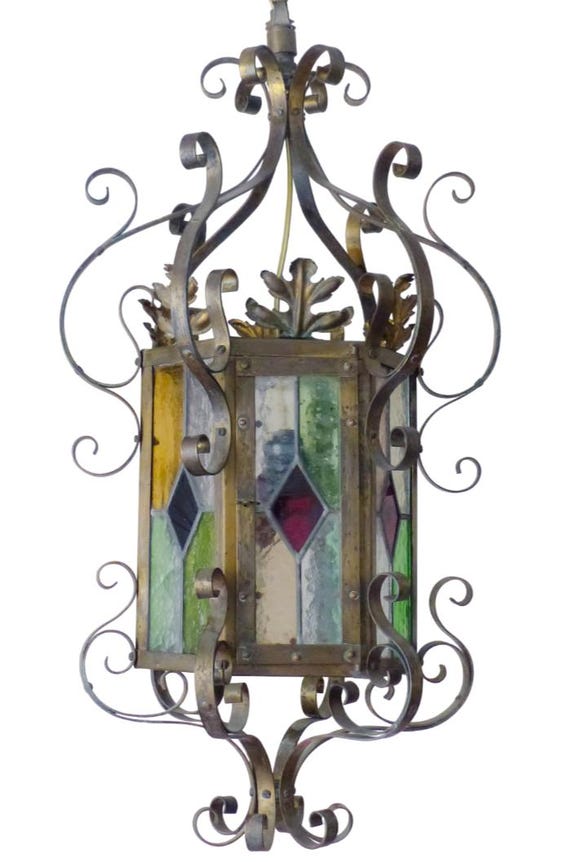 Large antique french lantern gothic castle brass 1870 chandelier stained glass