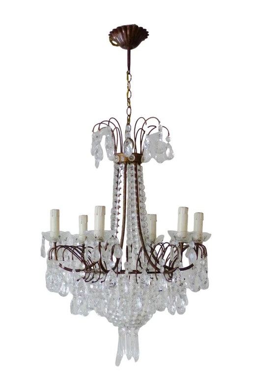 Gorgeous vintage French basket candlestick 6 fires clear drops prisms cup 1950