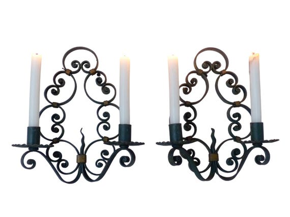 Gorgeous pair decorative wrought iron wall sconces candlestick French circa 1950