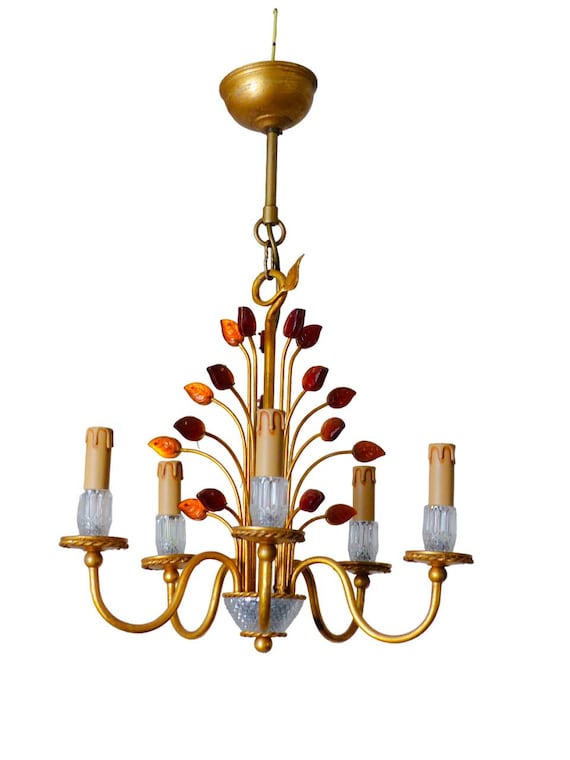 Banci Firenze Gorgeous Mid-Century Gilt Iron Candlestick Floral Crystal 5 Fires