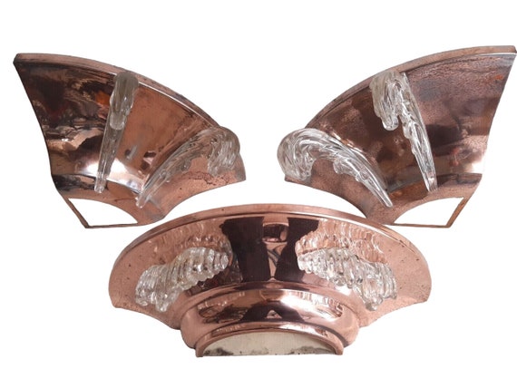 Antique set 2x anglewall 1x wall light sconce art deco glass & copper metal 1930