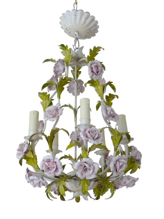 Charming large vintage Italian candlestick toleware & porcelain flowers foliage 2