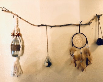 Boho Wall Hanging: Jute Macrame Plant Holder, Feathered Dream Catcher