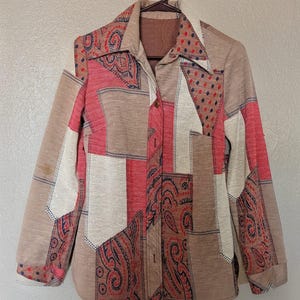 Vintage 1970s Dagger Collar Patchwork Blouse Rare Remington Express 20 Gauge Shotgun Shell Buttons Novelty Western Boho Disco Knit Top