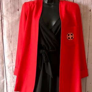 Vintage Red Boyfriend Blazer, Embroidered Nautical Theme Detail, Collarless No Lapels, Cuffed Sleeves, Shoulder Pads