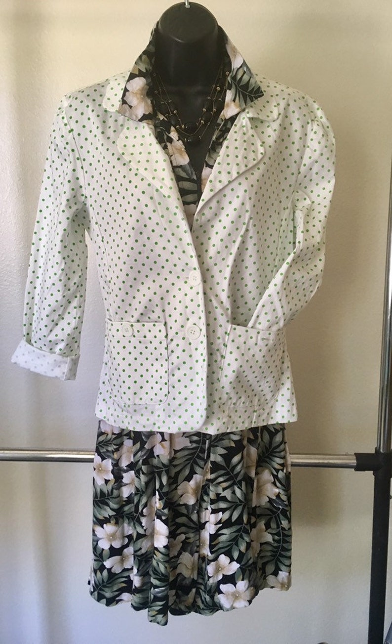 Nylon Lined Size 8 Vintage 1990s In Moda Green Polka Dot Stretch Blazer Slim Fit Retro