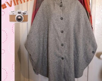 Poncho in lana vintage con motivo pied de poule: stile equestre, prodotto negli Stati Uniti