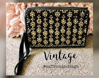 Vintage Black Beaded Velvet Zipper Clutch Purse Handbag Retro