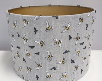 Grey Bumble Bee Embroidered Linen Fabric Lampshade with Gold Lining