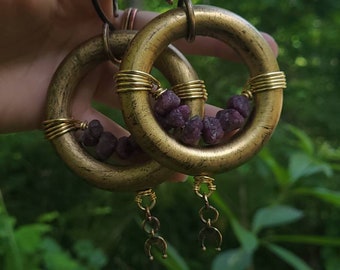 Large Ruby & Brass 8g Ear Hangers // Large Brass Gemstone Ear Hangers // Dark Mori Ear Weights // Raw Ruby 8g Brass Ear Weights