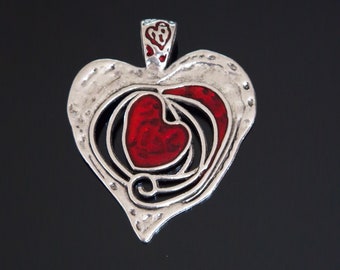 1 Big Antique Silver and Red Enamel Swirl Heart Charm Pendant TSC48