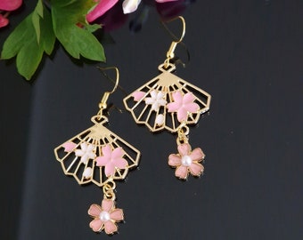Fan Sakura Flowers Oriental Enamel Golden Tone Dangle Drop Earrings