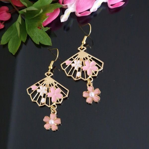 Fan Sakura Flowers Oriental Enamel Golden Tone Dangle Drop Earrings