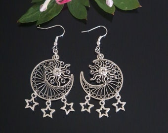 Moon and Sun and Dangling Stars Drop Dangle Earrings Silver Stainless Steel 925 Sterling Silver