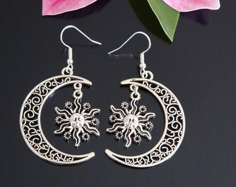 Moon and Sun Dangle Drop Earrings Filigree Ornament Antique Silver (64)