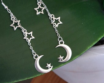 Moon and Stars Antique Silver Dangle Drop Earrings Stainless Steel 925 Sterling Silver