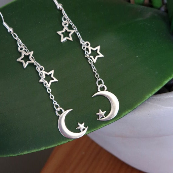 Moon and Stars Antique Silver Dangle Drop Earrings Stainless Steel 925 Sterling Silver