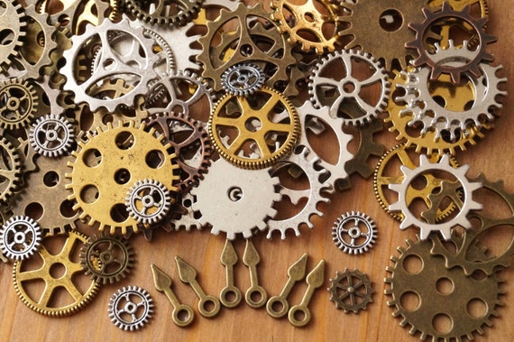70 Steampunk Gear Charms Spurs Cogs Assorted Lot BULK Bronze Silver Gold Copper