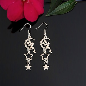 Fairy and Stars Crescent Moon Dangle Drop Silver Earrings Stainless Steel 925 Sterling Silver